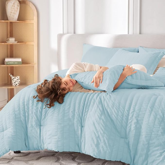 7 Pieces Queen Comforter Set, Seersucker Bed in a Bag Queen Size, All Season Luxury Bedding Set with Comforter, Flat Sheet, Fitted Sheet, Pillowcases & Shams, Lake Blue