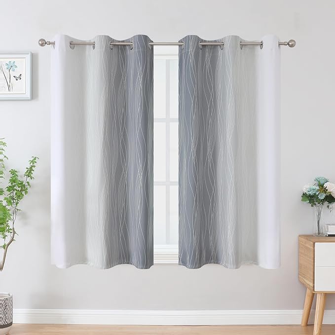 Grey and Greyish White Ombre Blackout Curtains for Bedroom 45 Inch Long | Estelar Textiler Room Darkening,Thermal Insulated, Light Blocking Gray Grommet Window Drapes for Living Room,42Wx45L,2 Panels