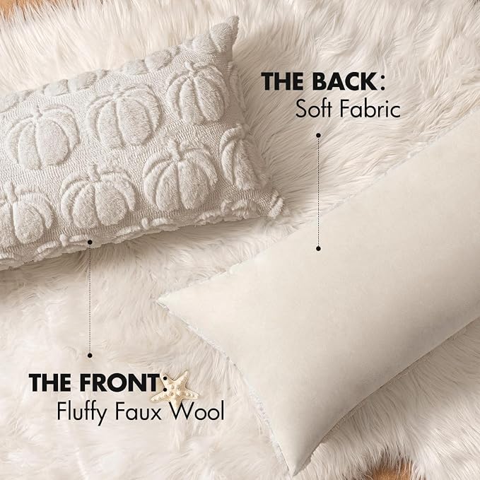 MIULEE Fall Pillow Cover Pumpkin Fall Decor Lumbar 14x36 Beige | Set of 2 Fall Decorations for Home, Plush Faux Fur Farmhouse Accent Pillowcase, Porch Sofa Couch Cushion Bed Livingroom