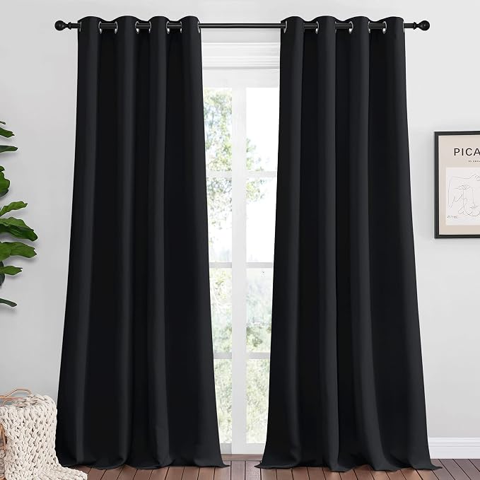NICETOWN Patio Blackout Curtains Shades, 2 Panels, 55 x 94-inch, Black | Summer Home Decoration Thermal Insulated Grommet Blackout Draperies/Drapes for Kitchen