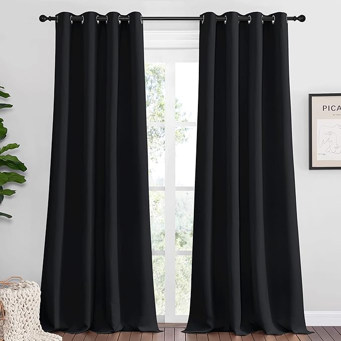 NICETOWN Bedroom Blackout Curtains Panels 1 Pair 55 x 92-inch Black | Triple Weave Energy Saving Thermal Insulated Solid Grommet Blackout Draperies for Patio