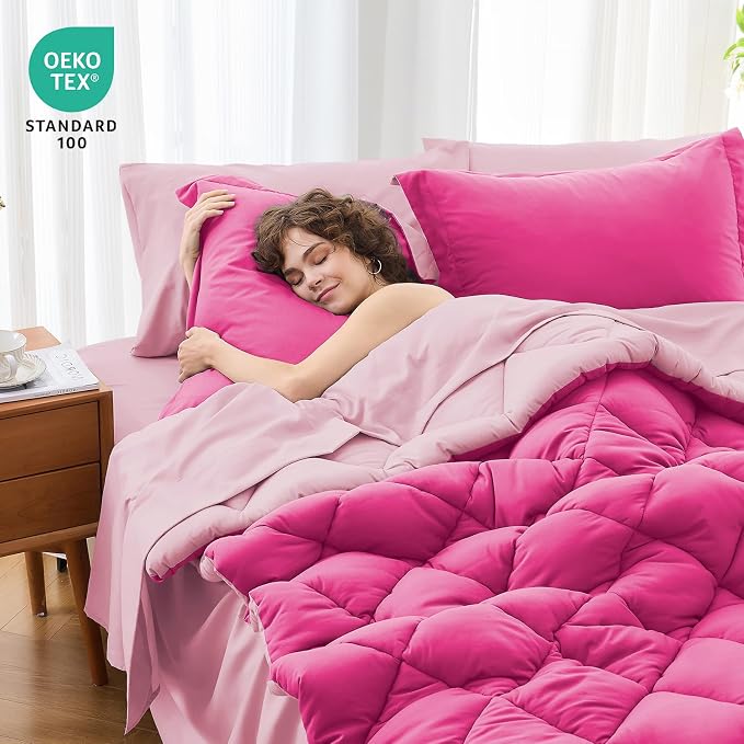 7 Pieces Oversized King Comforter Set, Reversible Bed in a Bag Oversized King Size, All Season Bedding Set with Comforter, Flat Sheet, Fitted Sheet, Pillowcases & Shams, Hot Pink & Baby Pink