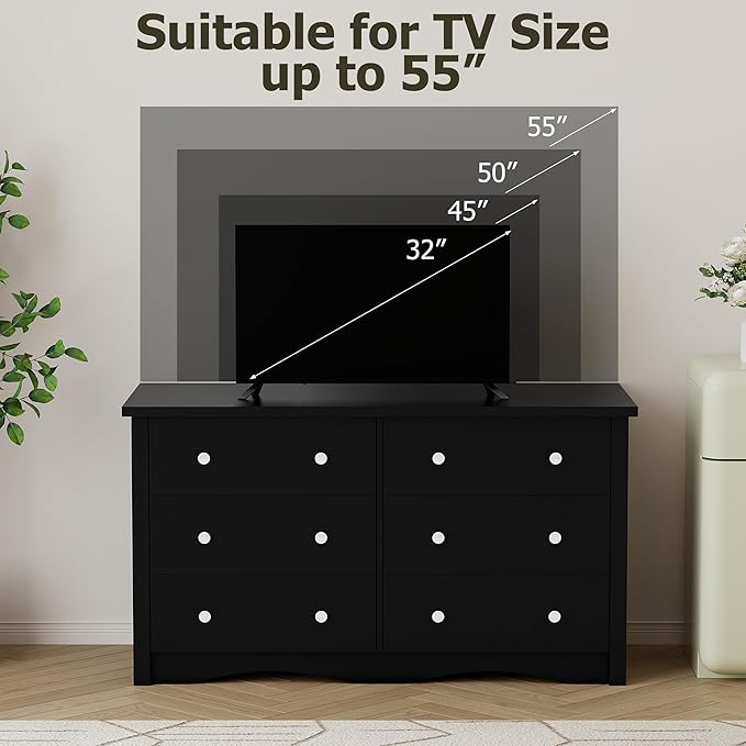 Shahoo Dresser for Bedroom with 6 Drawers, 47.2" Wood Dresser | Chests of Drawers, Anti-tip, Storage Organizer, TV Stand for Living Room, Closet, Hallway, Dormitory, Pure Black