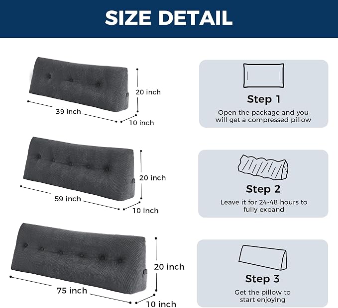 Headboard Pillow Queen, Wedge Pillow Headboard, Black | Triangle Backrest for Headboard, Bed Pillow for Sitting Up Reading Working, Removable Cover, Side Pockets, for Bed Dorm Sofa