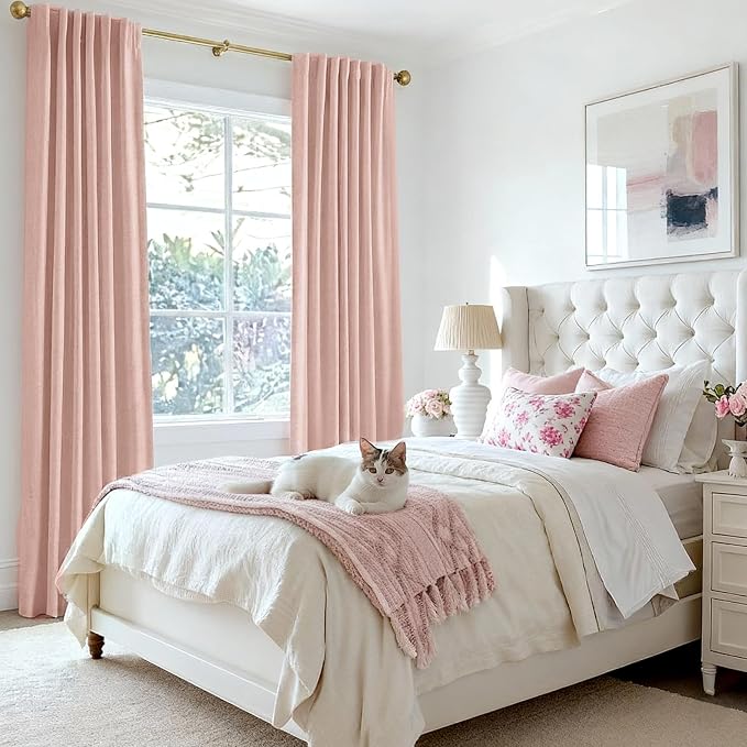 INOVADAY 100% Blackout Linen Curtains for Bedroom 50x90 Inches Blush Pink | Linen Textured, Light Blocking, Room Darkening, Thermal Insulated, Back Tab Top, Window Curtains for Living Room, 2 Panels