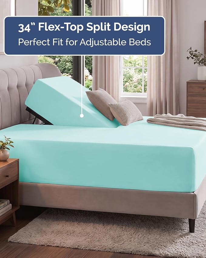 Extra Deep Flex Top Split Head King Fitted Sheet - Hotel Luxury Single Fitted Sheet Only - Easily Fits 18 inch to 24 inch Mattress - Ultra Soft, Wrinkle Free w/Extra Deep Pockets - Spa Blue