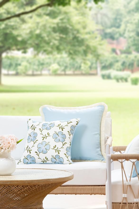 Hofdeco Premium Coastal Patio Indoor Outdoor Throw Pillow Cover Only, 18"x18" Water Repellent for Backyard, Couch, Baby Blue Green Embroidered Hibiscus Floral with Piping (Pack of 2)