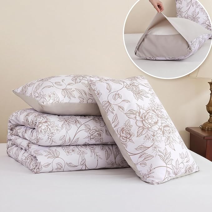 JANZAA Queen Size Comforter Set - Oatmeal Floral Shabby Chic Bedding | 3 Piece Cute Floral Bedding for All Season, 1 Soft Fluffy Breathable Microfiber Comforter Set with 2 Pillowcases