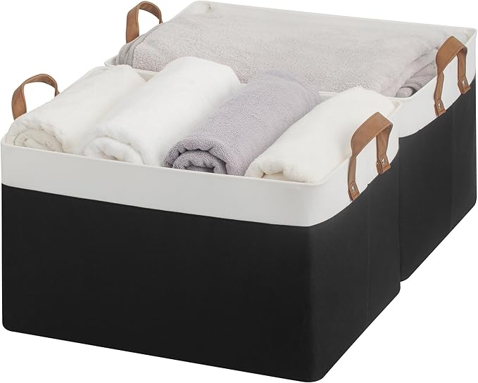 StorageWorks Fabric Storage Bins, Black and White, Jumbo, 2-Pack | With Reinforced PU Handles, 45L, Metal Frame, Collapsible, Storage Basket for Shelves, Closet, Holds Clothes, Towels, Blanket