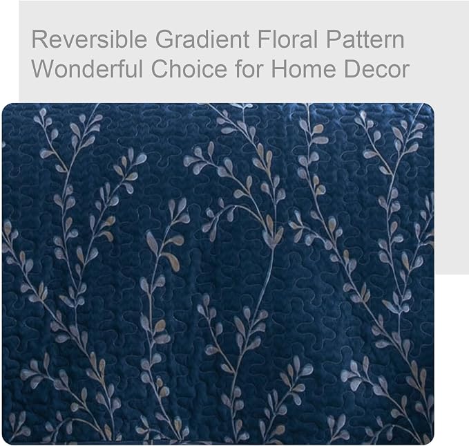 Exclusivo Mezcla Reversible Boho Quilts Queen Size Navy | Lightweight Soft Bedspreads, All Season Flowers Coverlet Bedding Set, Printed Floral Pattern, 1 Quilt and 2 Pillow Shams