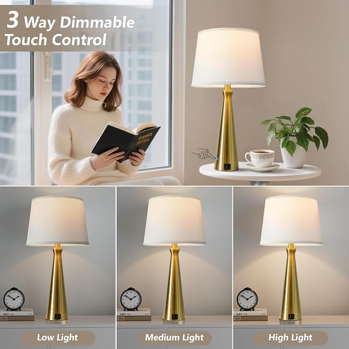 Modern Touch Lamps for Nightstand, 3 Way Dimmable Bedroom Lamp Set of 2 | USB C+A Charging Ports, Gold Bedside Lamps for Bedroom, Living Room, End Table, Bed Side, LED Bulb Included