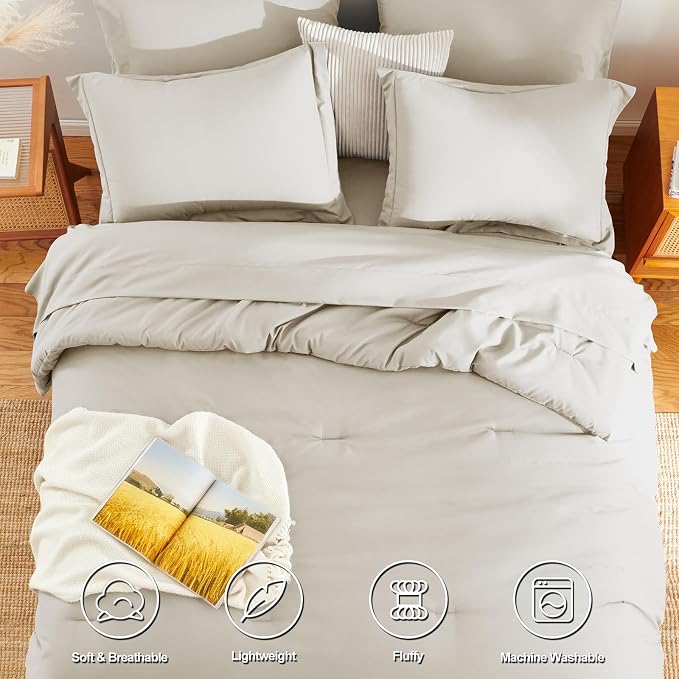 HIMEET Full Comforter Set, 7-Piece Point-Quilted Bed in a Bag, Beige | OEKO-TEX Certified, Lightweight 240 GSM Comforter, Flat Sheet, 14-Inch Deep-Pocket Fitted Sheet, Pillowcases & Shams