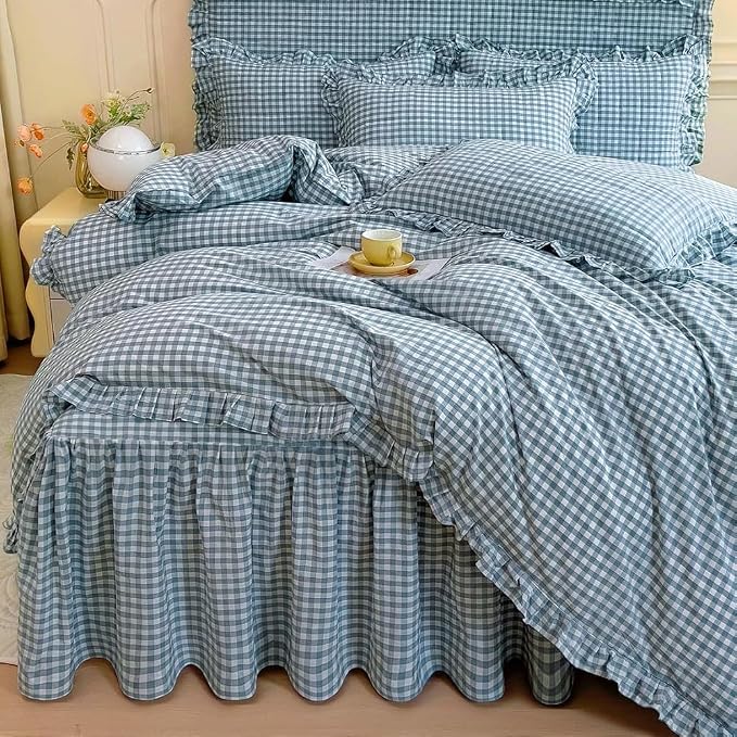 LifeTB Twin XL Comforter Set Blue Gingham Comforter with 2 Pillowcases Ruffle Plaid Grid Pattern Comforter Set for Men Boys Fluffy Soft Lightweight Bedding Boho Plaid Checkered Comforter Twin XL