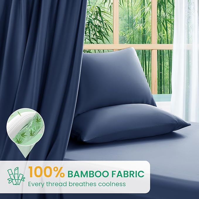 SONORO KATE 100% Viscose Derived from Bamboo_Sheets Full Size,4PC | Cooling Bed Sheets for Hot Sleepers,Soft Breathable & Silky,16" Deep Pocket,Luxury Hotel Bedding,Navy Blue