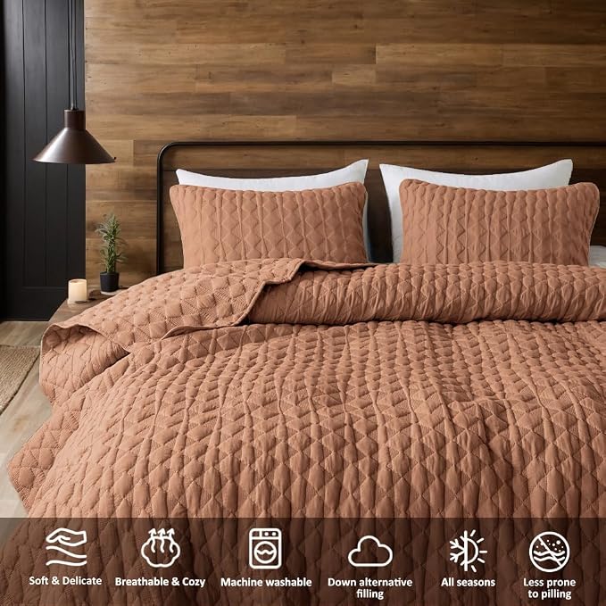 WDCOZY Burnt Orange Quilt King Size Bedding Sets with 2 Pillow Shams, Red Lightweight Soft Bedspread Coverlet, Quilted Blanket Thin Comforter Bed Cover for All Season, 3 Pieces, 104x90 inches