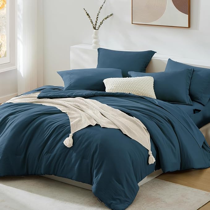 King Size Comforter Set- 7 Pieces Prewashed Bed in a Bag King Bedding Sets | Soft All Season Comforter with Sheets, Pillow Shams & Pillowcases,Serenity Blue