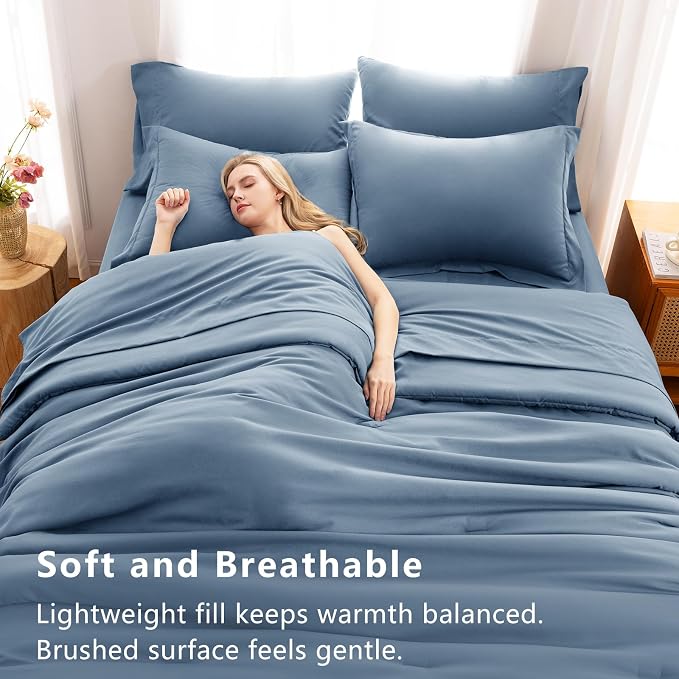 Full Size Comforter Set Grayish Blue, 7 Pieces Bed in a Bag | OEKO-TEX Certified, All-Season, Bedroom, 240GSM Down Alternative Comforter, Flat & Fitted Sheets, 2 Pillowcases & 2 Shams