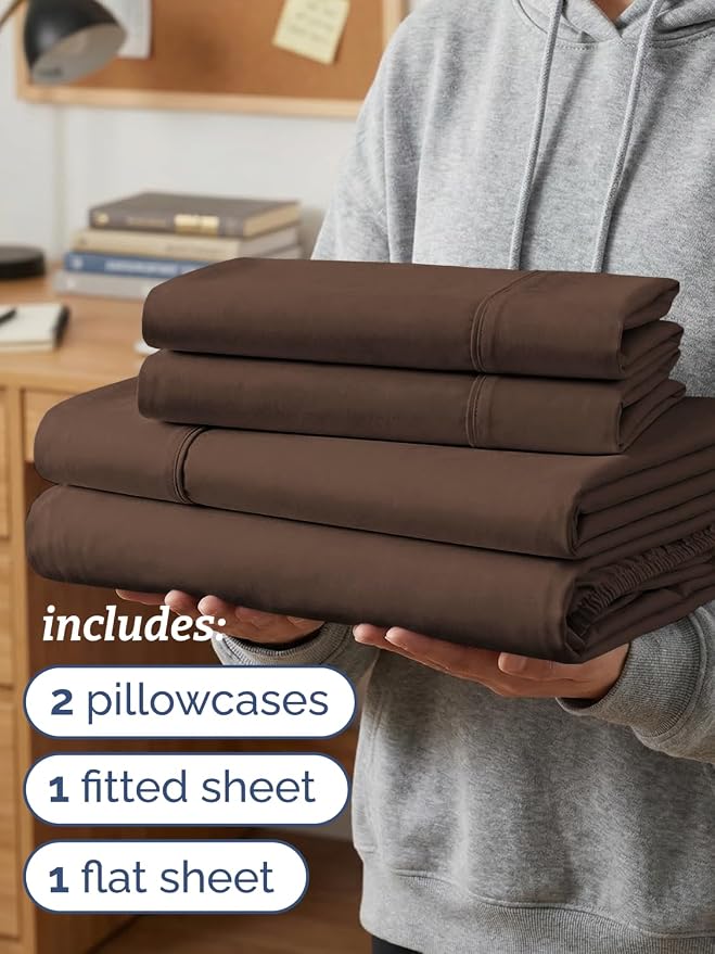 Twin XL 4 Piece Sheet Set - College Dorm Room Essentials - Chocolate Brown | Ultra Soft Dorm Bedding Set, 8" to 16" Inch Deep Pockets, 1 Flat & 1 Fitted Sheet & 2 Pillowcases, Wrinkle & Fade Free