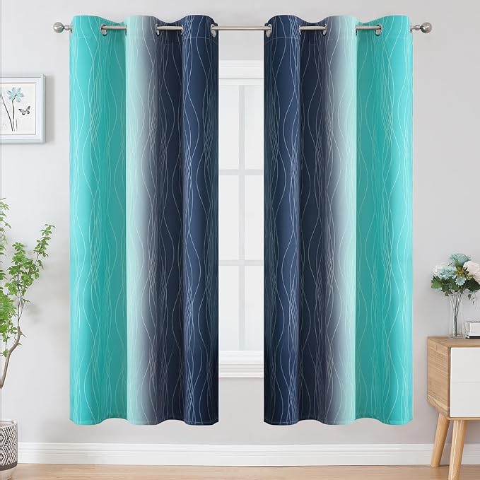 Navy Blue and Teal Gradient Blackout Curtains for Living Room 72 Inch Long | Estelar Textiler Ombre Curtains for Bedroom,Room Darkening Thermal Insulated Energy Saving Grommet Drapes,42Wx72L,2 Panels