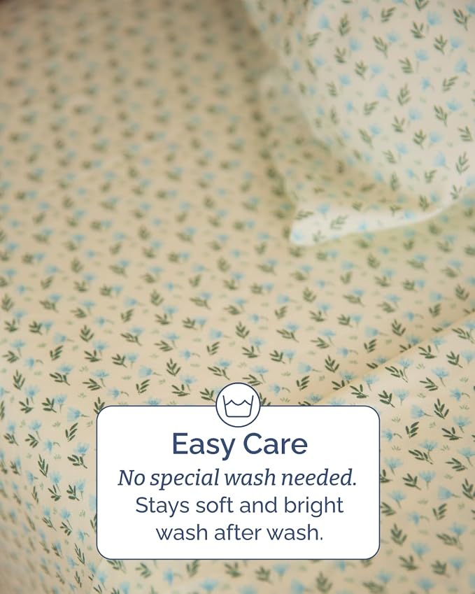 Cal King 4 Piece Floral Sheet Set - Breathable & Cooling - Blue Petal Bloom | 1 Flat, 1 Fitted & 2 Pillowcases w/ Deep Pockets, Boho Botanical Floral Bedding, Breathable & Cooling, Wrinkle & Fade Free