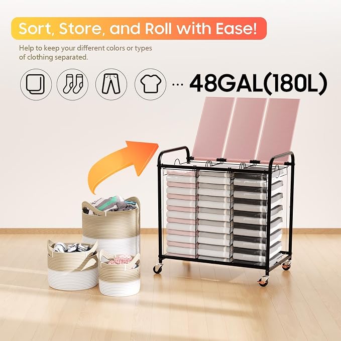 180L Laundry Sorter 3 Section, Rolling Laundry Basket with Wheels and Lid | 47.55 Gal Laundry Hamper, 3 Separated Removable Bags, Lockable Wheels, Dirty Clothes Hamper for Laundry Room Organizer, Pink