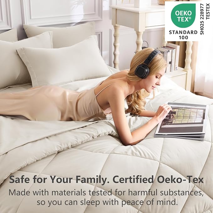 Twin Comforter Set with Sheets Beige - 5 Pieces Bed in a Bag | OEKO-TEX Certified, All Season, Teen, Single, Dorm, 240GSM Down-Alternative Comforter, Sheets, Pillowcase & Sham, Easy Care