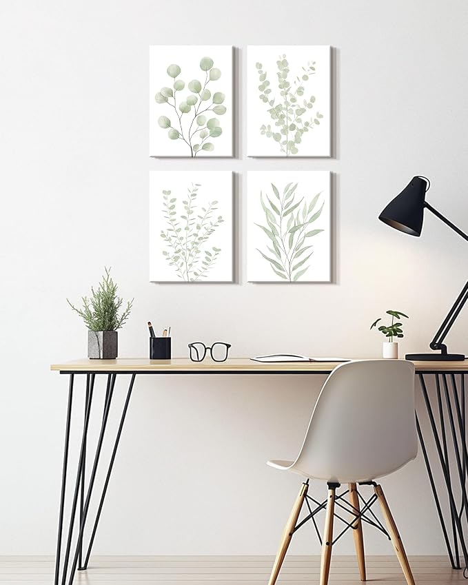 Drsoum Botanical Plant Framed Wall Art Boho Wall Decor for Bathroom Sage Green Eucalyptus Leaf Prints Minimalist Aesthetic Ready to Hang Set of 4, 12x16 in (Framed)