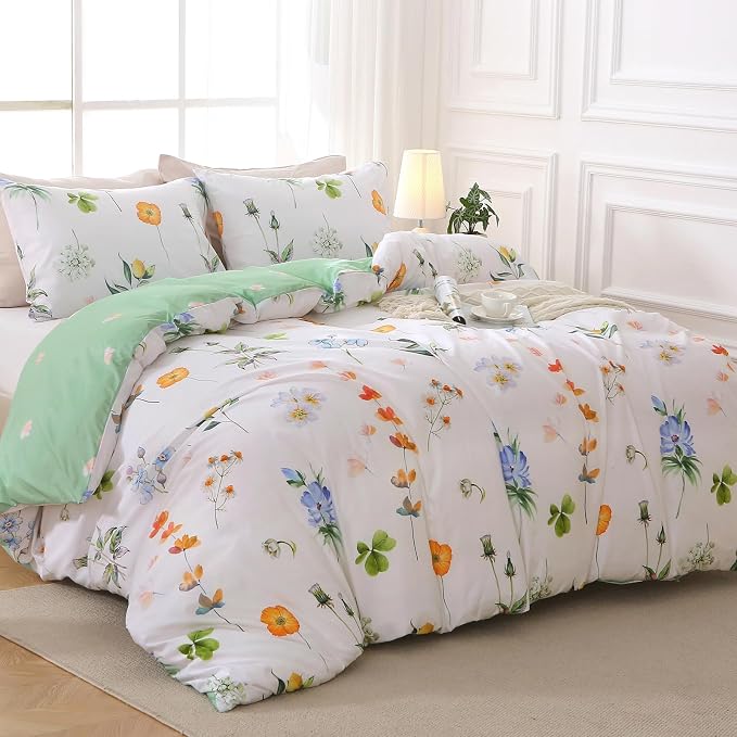 MUXHOMO Duvet Cover King Size, Reversible Floral Multicolor Duvet Cover Set with Zipper Closure, 3 Pieces Botanical Patterns Soft Microfiber Bedding Set with 4 Ties (90"x104", 2 Pillow Cases)
