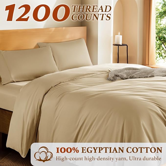 DEITAS 100% Cotton King Duvet Covers 3 Piece,1200 Thread Count，Beige | Luxury Egyptian Cotton Comforter Cover With Zipper Closure, Ultra Cooling Breathable, Hotel Bedding Duvet Covers