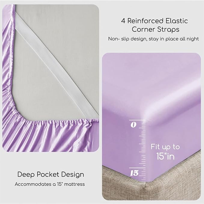 MR&HM Satin Sheets Full Size with Elastic Corner Straps, Lilac | Similar to Silk, 4-Piece Silky Soft Bed Sheet Set, Gentle on Skin and Hair, 15" Deep Pocket, Cooling & Breathable