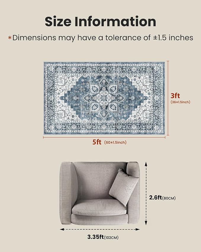 AMADA HOMEFURNISHING 3x5 Washable Area Rug, Low-Profile Entryway Rug with Non-Slip Backing & Durable Edge Binding, Vintage Rugs for Bedroom, Entryway & Kitchen