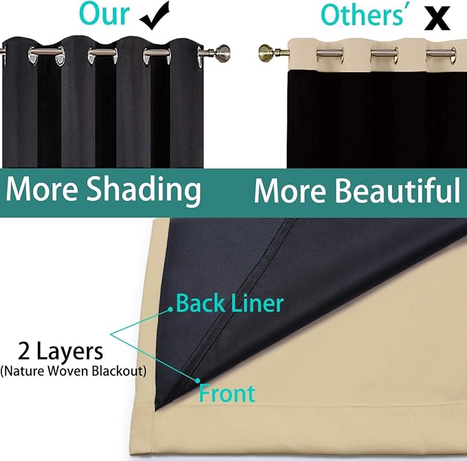 Yakamok Beige 100% Blackout Curtains 84 Inches Long for Bedroom 62" Wide | Blackout Curtain Panels for Bedroom, 2 Thick Layers Grommet Top Thermal Insulated Drapes with Black Liner for Living Room