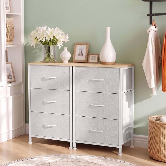 3 Drawers Dresser for Bedroom Fabric Storage Tower with Wooden Top | Steel Frame Chest of Drawers for Closet Entryway Dorm and Small Spaces, Light Gray