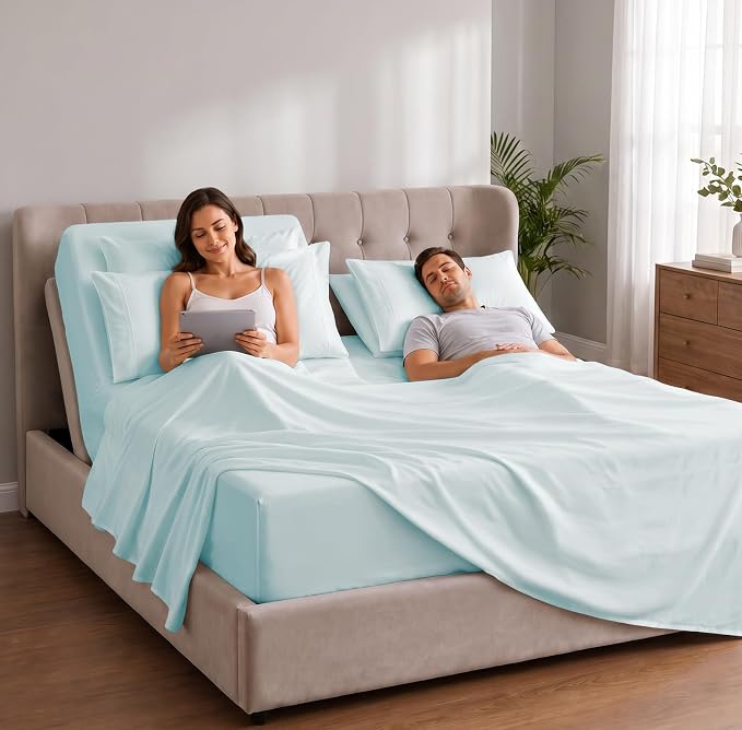 Extra Deep Flex Top Split Head King Sheet Set - 6 Piece Breathable and Cooling Sheets - Hotel Luxury Bedding for Women, Men, Kids & Teens - Easy Secure Fit - Extra Deep Pockets - Ice Blue