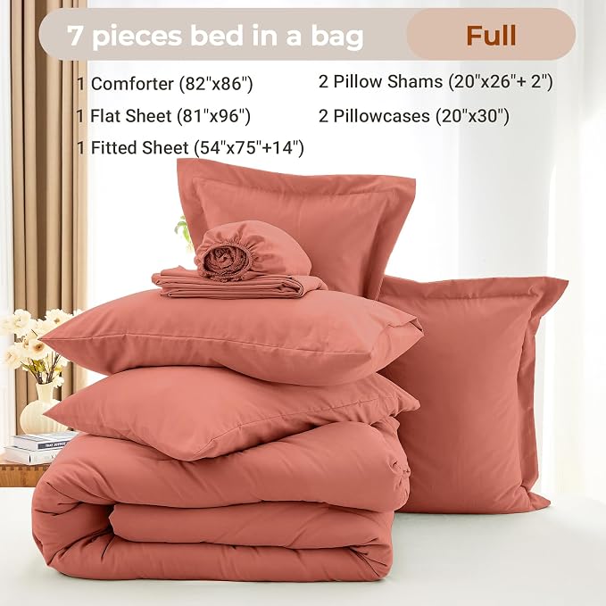 7 Pieces Full Comforter Set, Soft Bed in a Bag Full Size, All Season Bedding Set with Comforter, Flat Sheet, Fitted Sheet, Pillowcases & Shams, Coral Red