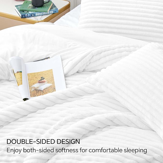 BEDELITE Fleece King Comforter Set, Fluffy Bed Set, Bright White | Super Soft & Warm Bedding, Luxury Fuzzy Faux Fur Comforter for Winter, Heavy Plush Bedding, with 2 Pillowcases