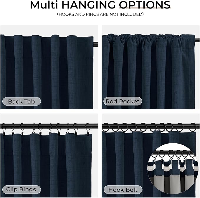 INOVADAY 100% Blackout Linen Curtains for Bedroom 50x90 Inches Navy Blue | Linen Textured, Light Blocking, Room Darkening, Thermal Insulated, Back Tab Top, Window Curtains for Living Room, 2 Panels