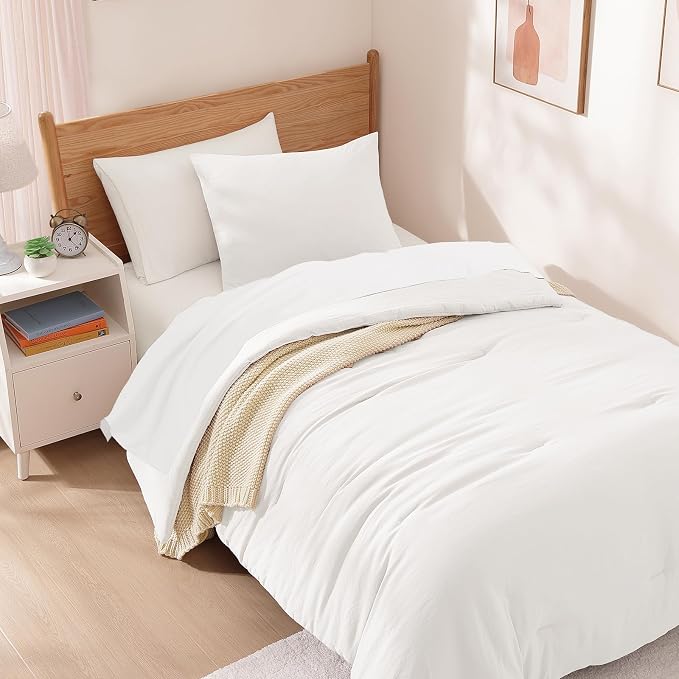 Twin XL Comforter Set- 5 Pieces Prewashed Bed in a Bag Twin Bedding Sets | Soft All Season Comforter with Sheets, Pillow Sham & Pillowcase, White
