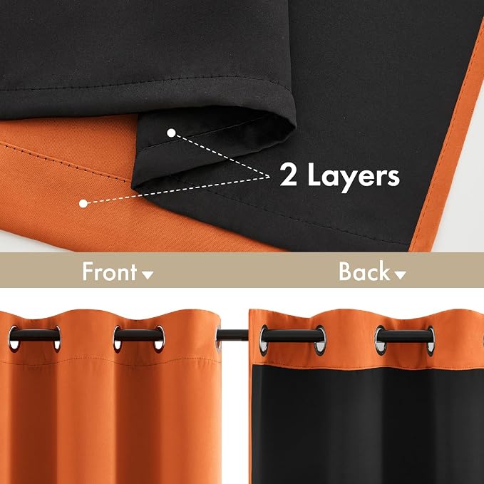 MIULEE Fall Orange 100% Blackout Curtains for Bedroom 40x45 Inch Length | 2 Thick Layers Thermal Insulated Short Curtains with Black Liner, Noise Reducing Grommet, Drapes for Living Room, 2 Panels