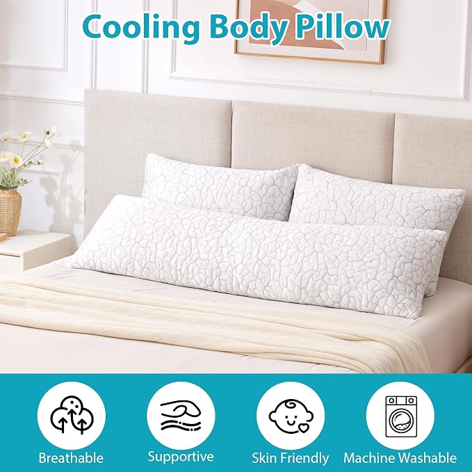 Cooling Body Pillow for Side Sleeper, Long Pillow for Bed, 20x54 in | Shredded Memory Foam, Adjustable Loft, Removable Washable Cover, Side Sleepers & Back Pain Relief