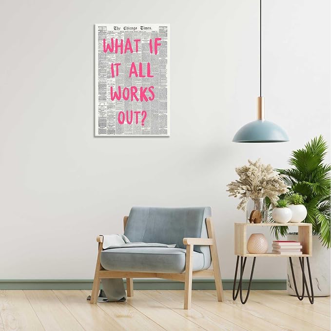 What If It All Works Out Poster Retro Newspaper Pink Font Canvas Wall Art Positive Affirming Quote Minimalist Prints Painting For Home Bedroom Dorm Wall Decor 24x36in Wframed