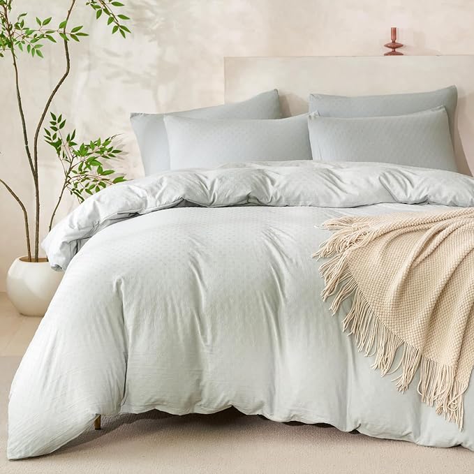 Queen Size Comforter Set Polka Dot Luxury Washed Microfiber Jacquard 3 Pieces Bedding, Sage Green Polka Dot Vertical Ticking Stripes Pattern Comforter with 2 Pillowcases Soft Breathable Durable Comfy