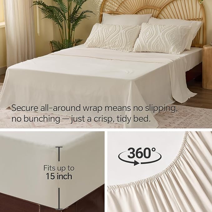BEDELITE Queen Comforter Set 7 Pieces,Boho Bed in a Bag,Wavy-Cream White | Tufted Bed Set for All Seasons,Soft Farmhouse-Style Embroidery Bedding,Includes Flat & Fitted Sheets,2 Pillowcases & 2 Shams