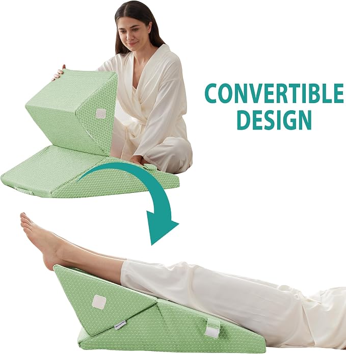 Wedge Pillow for Sleeping, Adjustable 9&12 Inch Foldable Bed Wedge Pillow Set, Orthopedic Memory Foam Triangle Pillows Wedge, 7-in-1 Elevated Pillows for Leg and Back Support, Green