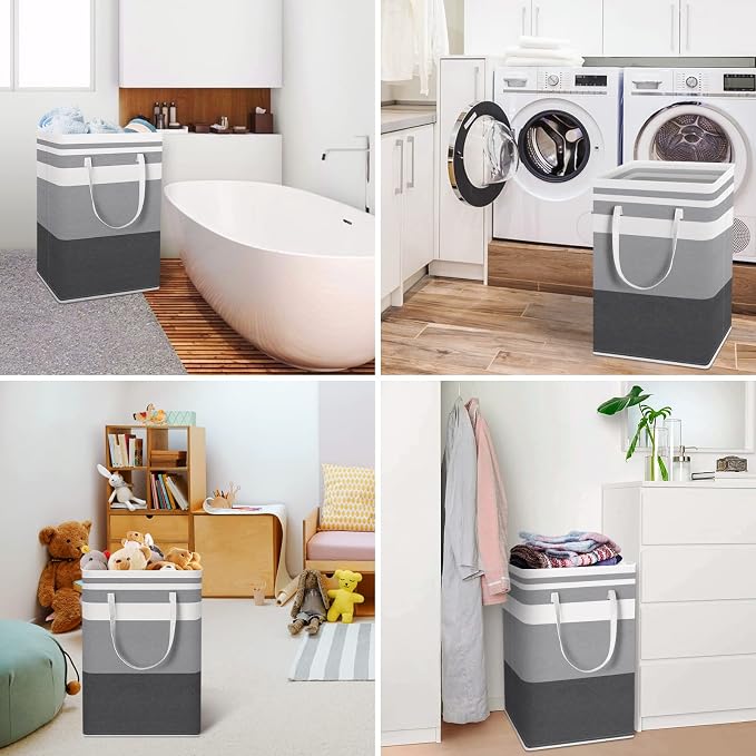 HomeHacks 2 Pack Laundry Baskets, Laundry Hampers Bags (Grey+Blue 75L) | Waterproof, Freestanding, Collapsible Clothes Hamper with Reinforced Handles in Laundry Room, Dorm, Bathroom, Bedroom