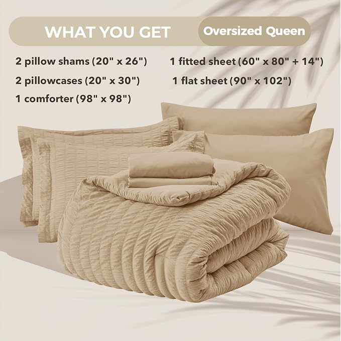 HYMOKEGE Khaki Oversized Queen Comforter Set Seersucker 7 Pieces, All Season Luxury Bed in a Bag for Bedroom, Bedding Set with Comforter, Sheets, Pillowcases & Shams