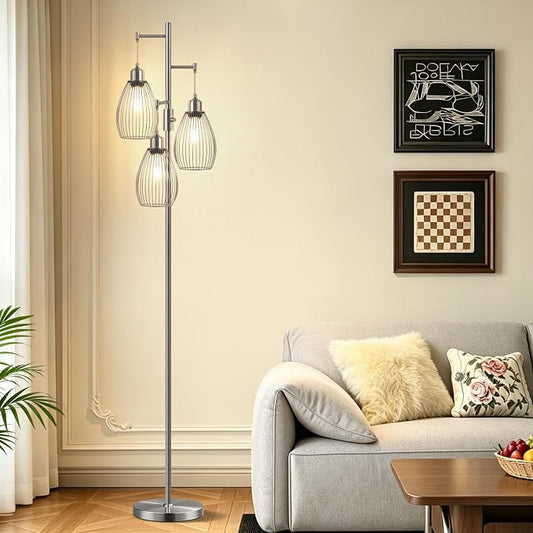 Nintiue Dimmable Floor Lamp, 3 x 800LM LED Edison Bulbs Included, Industrial Floor Lamp Standing Tree Lamp with Elegant Teardrop Cage Heads Tall Lamps for Living Room Bedroom-Brushed Nickel