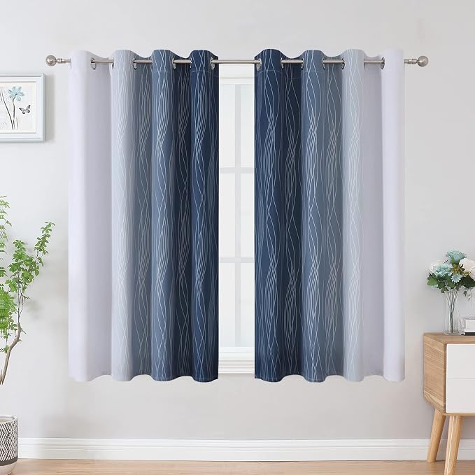 Navy Blue and Greyish White Blackout Curtains for Bedroom 45 Inch Length | Estelar Textiler Ombre Room Darkening Curtains, Light Blocking,Thermal Insulated Grommet Short Window Drapes,52Wx45L,2 Panels