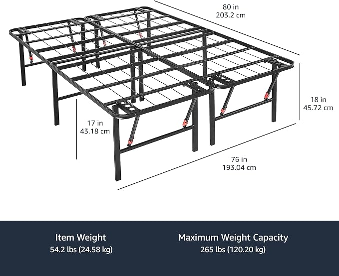 Amazon Basics Foldable Metal Platform Bed Frame with Storage Space, Sturdy Steel, No Box Spring Needed, 18 Inches High, Tool-Free Setup, Noise Free, King Size, Black