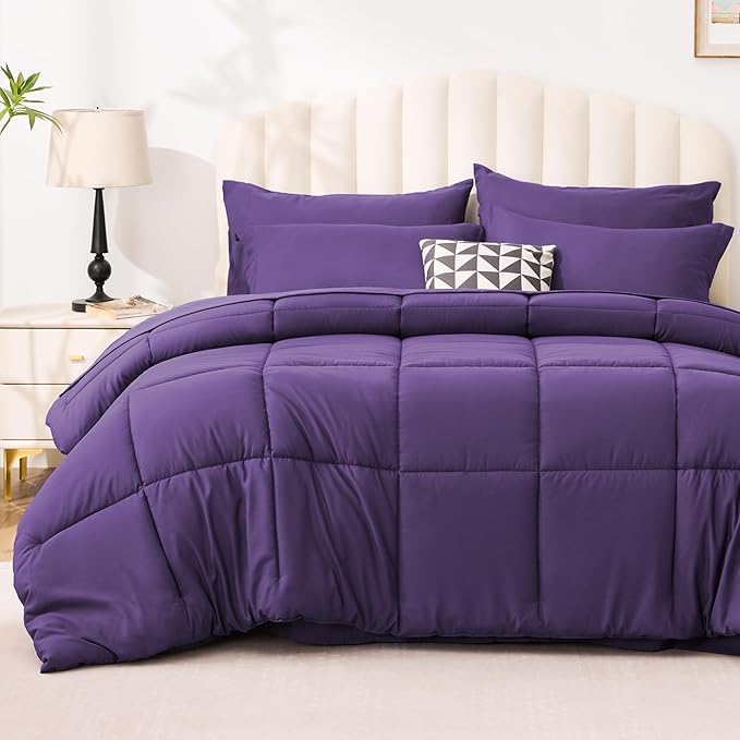 Love's cabin Queen Comforter Set Dark Purple, 7 Pieces Queen Bed in a Bag, All Season Bedding Sets with 1 Comforter, 1 Flat Sheet, 1 Fitted Sheet, 2 Pillowcase and 2 Pillow Sham